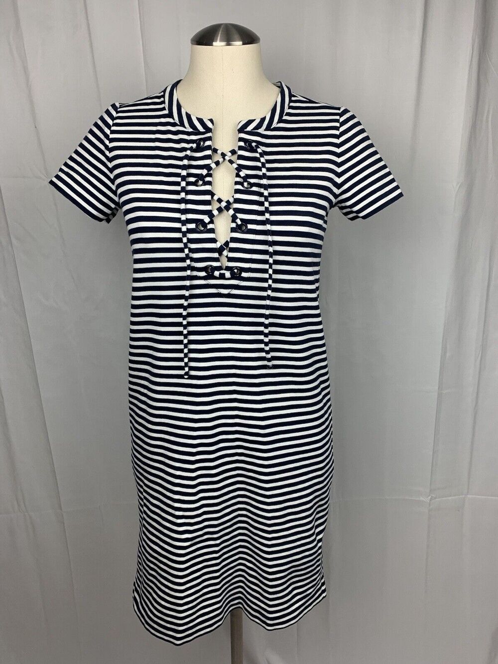 J. Crew Size XXS Stripe Lace Up Knit Shift Dress Blue White Short Sleeve Coastal